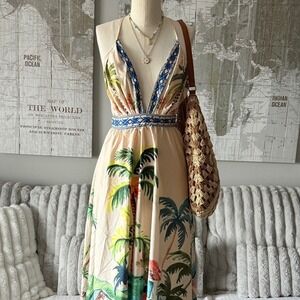 SHEIN Tropical Palm Tree Maxi Dress Halter Neck Resort Wear Size‎ XS